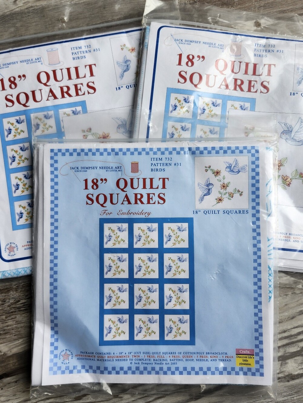 Jack Dempsey Quilt Squares Embroidery Kit Lot Birds 18" NIB 3 Packs